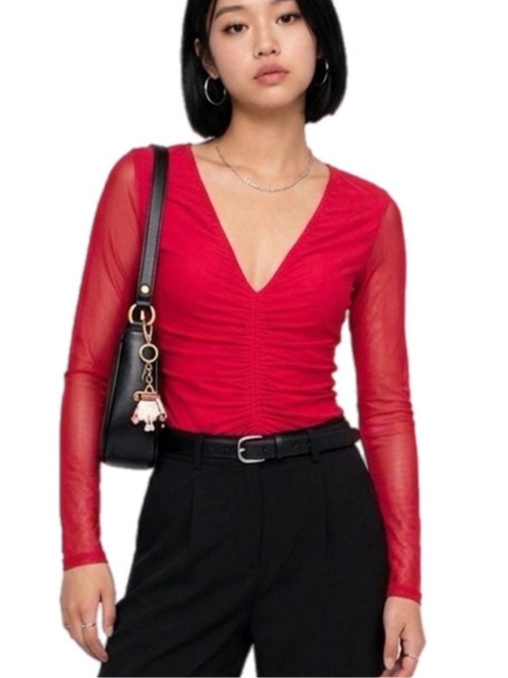 Lulu's | Winning Vibes Hot Pink Ruched V-Neck Long Sleeve Bodysuit